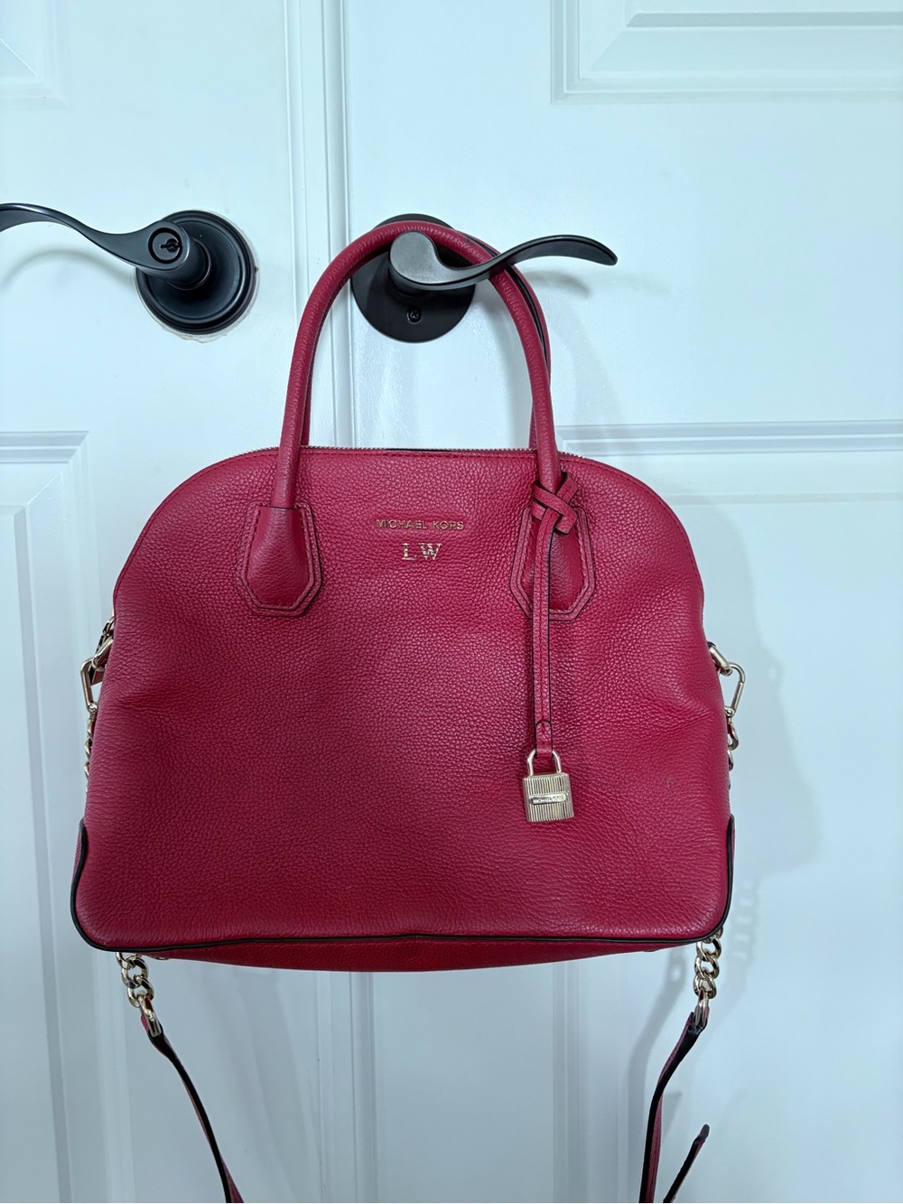 Michael Kors Cherry Red Dome Satchel with Gold Hardware